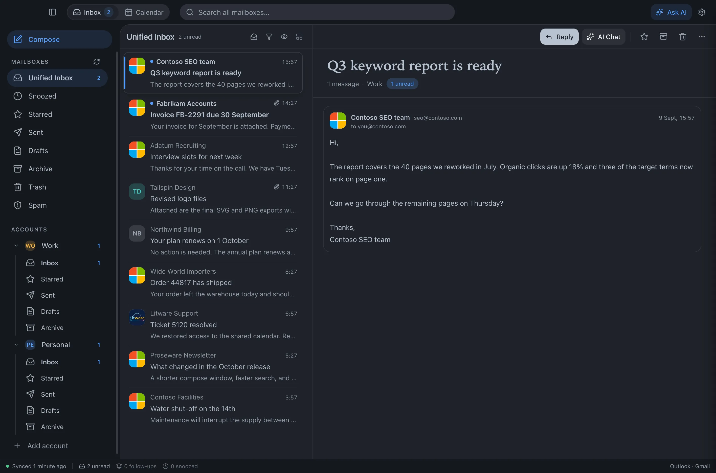The Feather inbox: two accounts in one sidebar, their mail in one list, and an open message.